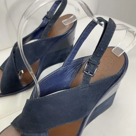 Tory Burch Slingback Wedge Sandals 7.5 Blue Suede Gabrielle Quiet Luxury Shoes - Picture 6 of 16